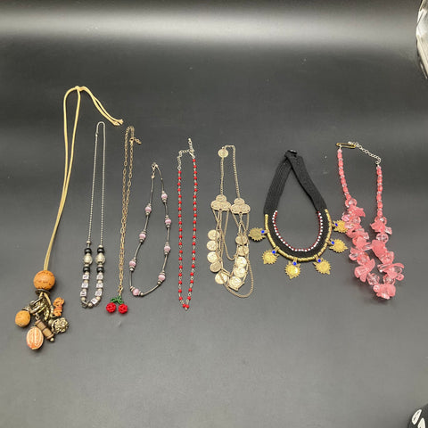 Vintage & Modern Jewelry Lot 8 Necklaces Tribal Boho Coin Beaded Cherry Charm