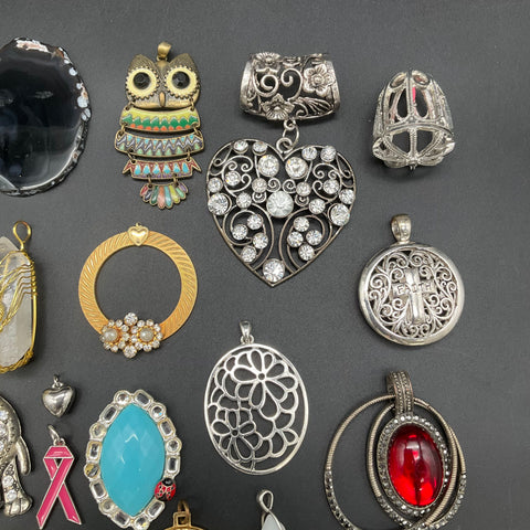 Vintage to Modern Costume Jewelry Pendant Lot 35+ Pc Rhinestone Figural Stones