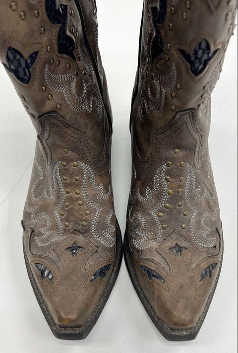 Laredo Western Cowboy Boots Brown Studded Leopard Print Lining Women's Size 6.5M