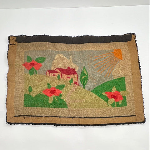 Vintage Hand Hooked Rug Wall Hanging Folk Art Landscape Cottage House Sun