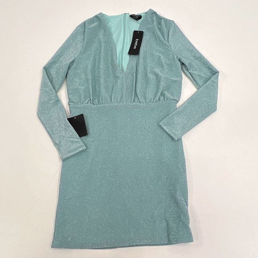 Bebe Blouson Lurex Long Sleeve Mini Dress Baltic Sea Women's Size S NWT