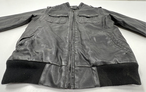 Structure Men's Black Faux Leather Bomber Jacket Sherpa Lined Full Zip Sz S