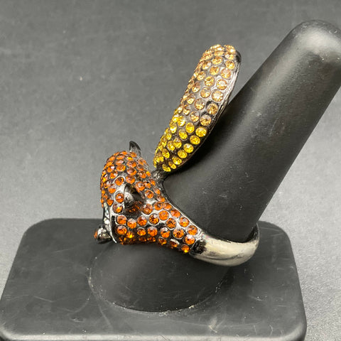 Fox Costume Ring Gunmetal Tone Orange Yellow Clear Rhinestones Size 9