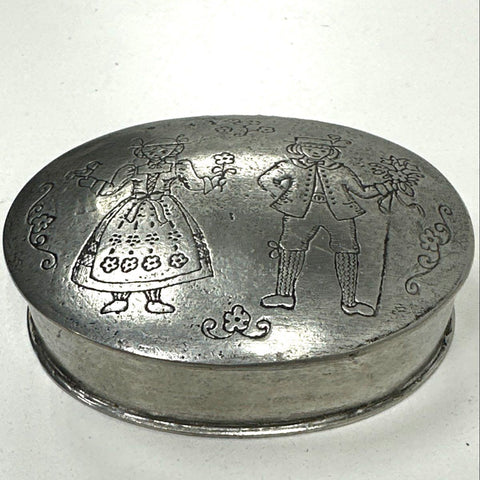Rein Zinn Pewter Trinket Box German Folk Art Boy Girl Etched Scene Vintage