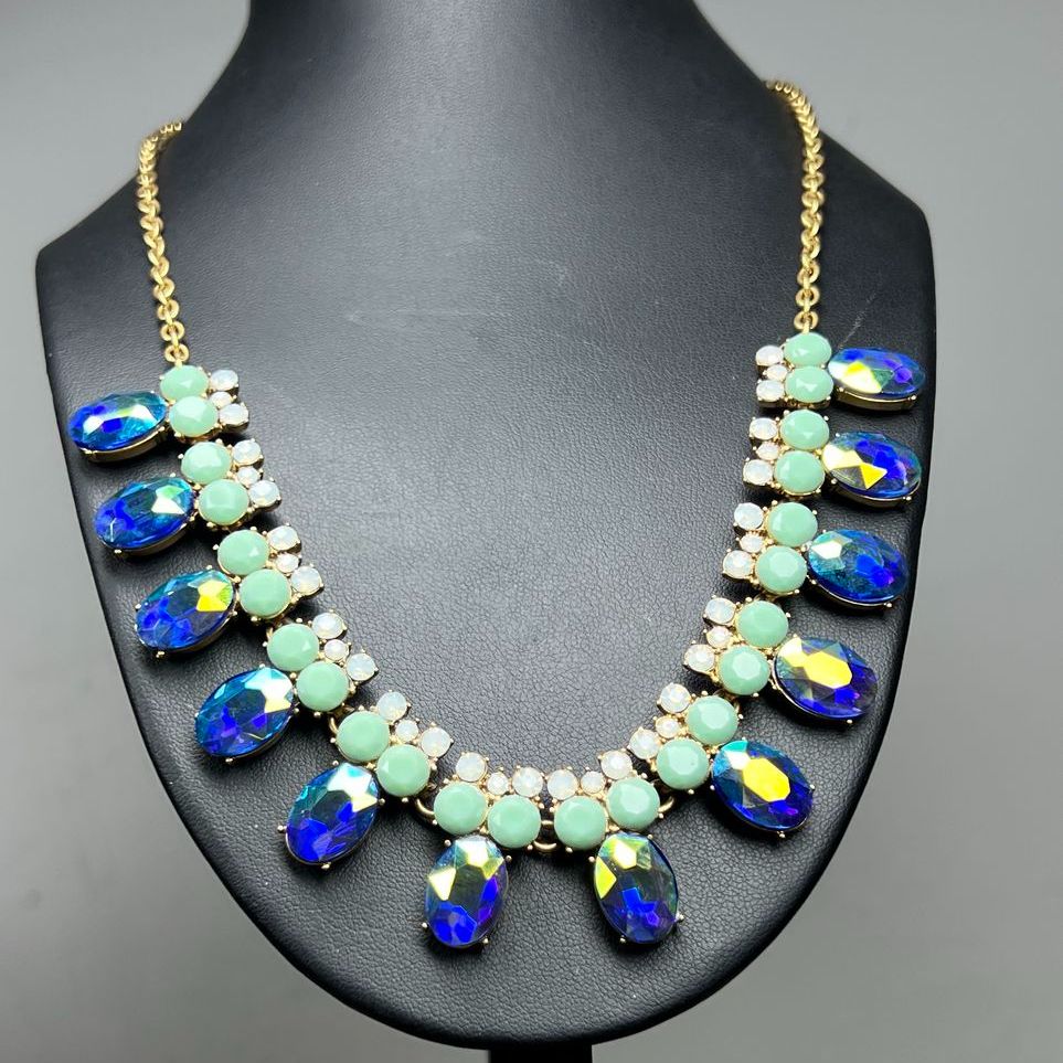 J. Crew Blue Iridescent Rhinestone Statement Necklace with Pouch