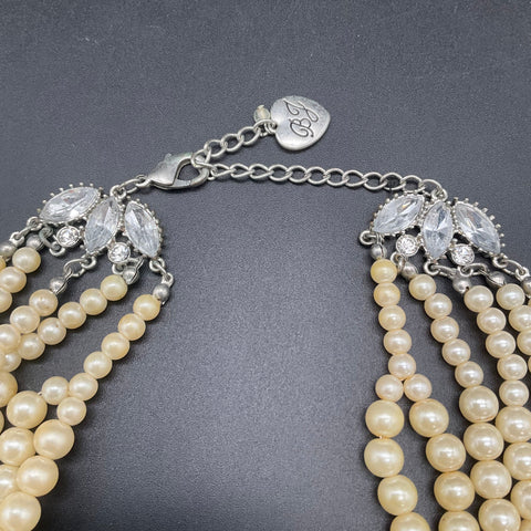 Betsey Johnson Silver Tone Multi Strand Faux Pearl Floral Statement Necklace 18"