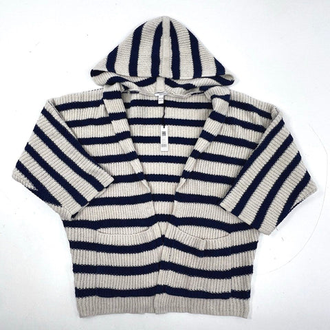 Astars Women's Gelato Cozy Poncho Sweater Oatmeal Blue Striped Hooded Sz M NWT