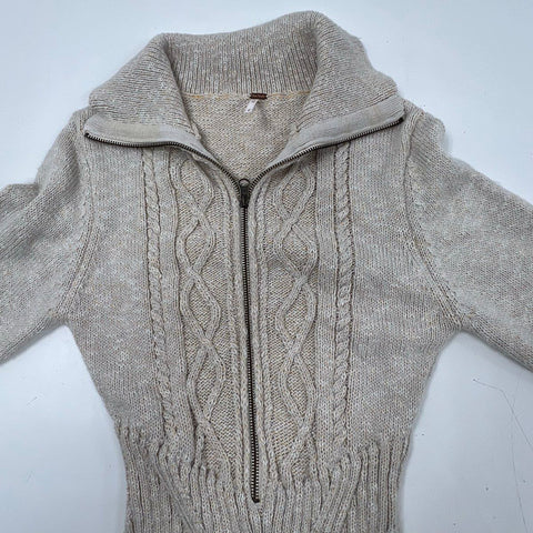 Free People Women's Back To It Mini Sweater Dress Oatmeal Cable Knit Half Zip M