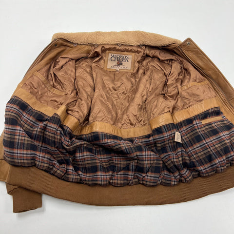 Vintage Y2K Madison Creek Brown Leather Sherpa Collar Flight Bomber Jacket Mens
