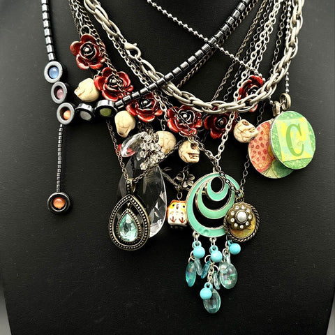 Steampunk Gothic Costume Jewelry Lot Abalone Shell Inlay Skulls Roses Necklaces