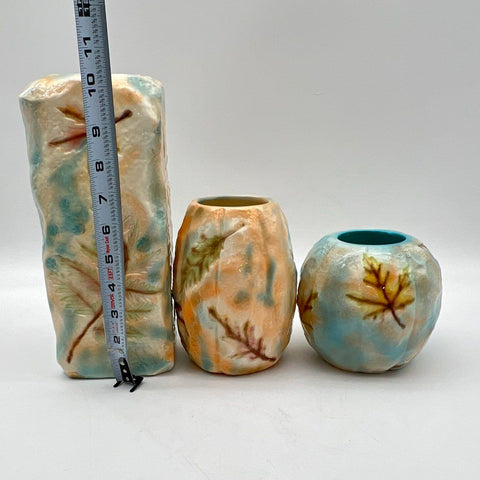 Studio Pottery Vase Lot 3 Pieces Signed Heart A Autumnal Leaf Motif Vintage