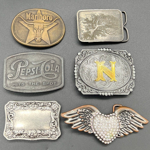 Vintage Lot 6 Men's Belt Buckles Marlboro Pepsi Western Initial N Biker