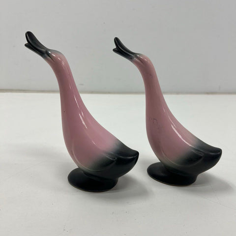 Vintage MCM Pink & Black Airbrush Ceramic Duck Goose Figurine Pair