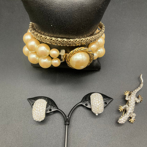 Carolee Vintage Costume Jewelry Lot Lizard Brooch Pave Earrings Pearl Bracelet