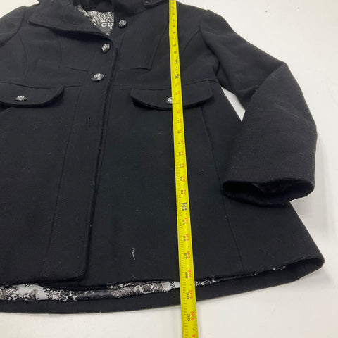 Guess Black Wool Blend Hooded Swing Peacoat Paisley Lining Women's