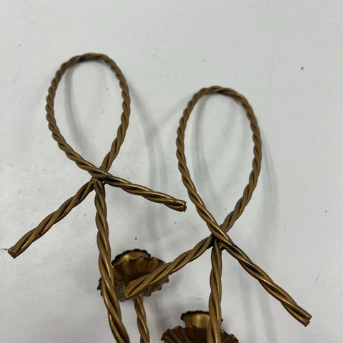 Pair Vintage Mid Century Twisted Rope Gold Tone Wall Sconce Candle Holders