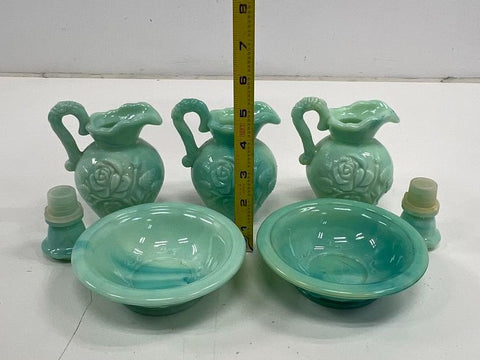 Vintage Avon Jadeite Glass Rose Pitcher & Bowl Bath Oil Decanter 3 Sets