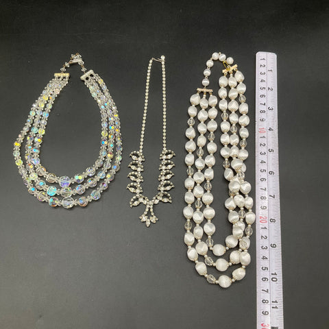 Vintage Costume Jewelry Lot 3 Rhinestone Faux Pearl AB Crystal Fringe Necklaces