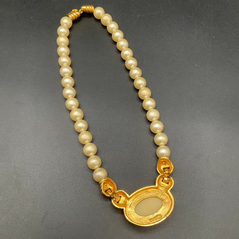 Vintage Napier Gold Tone Faux Pearl Beaded Necklace Oval Cabochon 16"