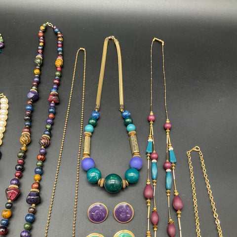 Vintage 1980s Jewel Tones Gold Tone Jewelry Lot 14pc Necklaces Earrings Lucite
