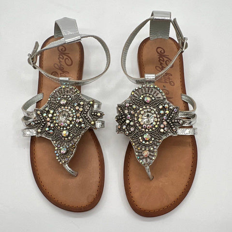 Naughty Monkey Silver Rhinestone Medallion Strappy Thong Sandals Size 8.5