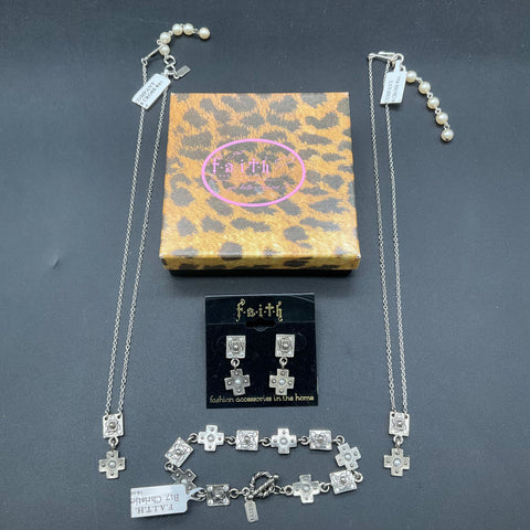 F.A.I.T.H. Silver Tone Faux Pearl Rhinestone Cross Jewelry Lot 4 Pieces NWT