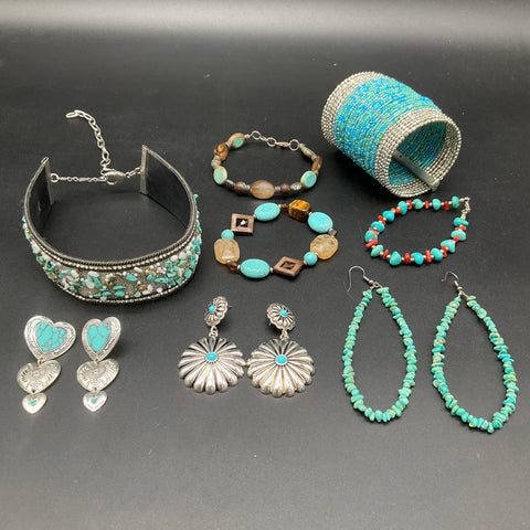 Southwestern Faux Turquoise Silver Tone Jewelry Lot 8pc Cuffs Bracelets Earrings