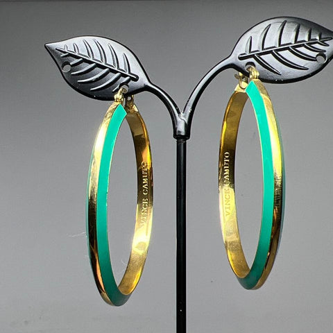 Vince Camuto Signed Gold Tone Green Enamel Large Hoop Earrings 2" 21.3g