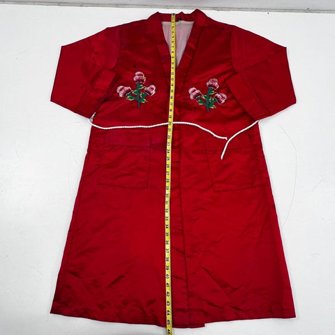 Vintage 90s Korean Red Satin Embroidered Floral Robe Dressing Gown Sz L