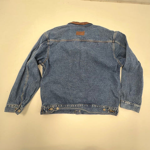 Vintage 90s Dunbrooke Mens Denim Trucker Jacket Leather Collar Flannel Lined L