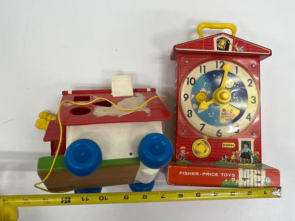 Vintage 60s 70s Fisher-Price Toy Lot Music Clock Truck Pull Toys Collection