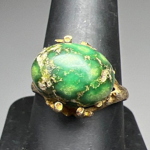 14K Yellow Gold Branches Setting Green Stone Ring Size 10 5.58g