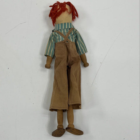 Vintage Wood Folk Art Doll Boy Figure Red Hair Overalls 12" Hand Painted