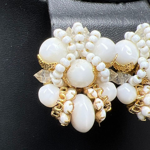 Vintage Vendome White Beaded Clip On Earrings 18.5g