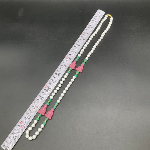 Vintage Milk Glass Pink Plastic Buddha Beaded Necklace Costume Jewelry 32"