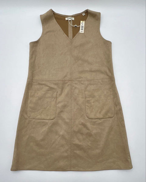 Max Studio London Women's Beige Faux Suede Pinafore Shift Dress Pockets NWT Sz S