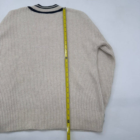 On 34th Women's Sweater Cream Navy Ribbed V-Neck Varsity Stripe Pointelle Sz M