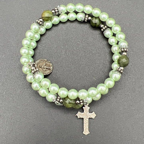 Vintage Connemara Marble Rosary Bracelet Faux Pearl Green 7" Miraculous Medal
