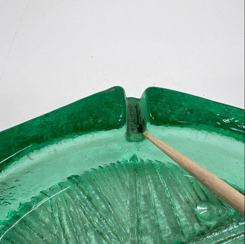 Pressed Glass Green Octagonal Ashtray Textured Linear Pattern Vintage 7.5 Inch