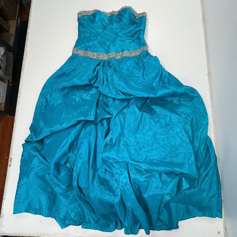 Vintage Y2K Mystique Teal Blue Beaded Strapless Taffeta Prom Gown Dress