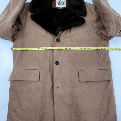 Vintage 70s Woolrich Faux Fur Lined Tan Wool Rancher Car Coat Jacket Sz 44