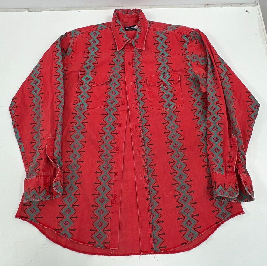 Vintage Wrangler Brushpopper Western Shirt Red Aztec Southwestern Print Cotton