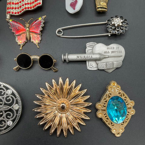 Vintage & Modern Costume Brooch Lot of 25 Rhinestone Enamel Pewter Pins