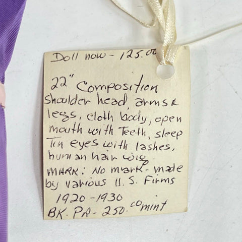 Vintage Composition Doll Unmarked 1920s 1930s Sleep Tin Eyes Human Hair Wig 19"