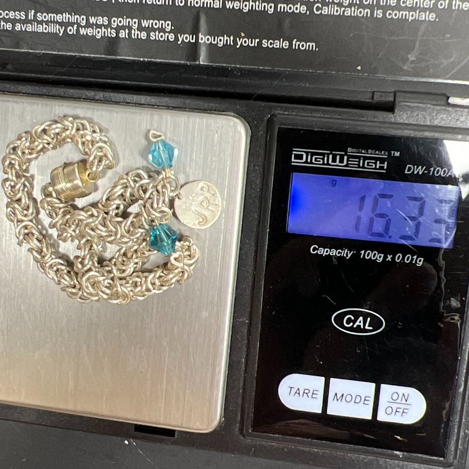 925 Sterling Silver Byzantine Chain Bracelet with Blue Rhinestone Beads