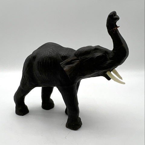 Vintage Leather Wrapped Elephant Sculpture Trunk Up Lucky Figurine 12" Safari