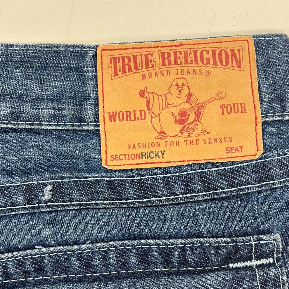 True Religion Ricky Blue Distressed Thick Stitch Bootcut Jeans Men's Size 38