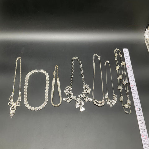 Vintage to Modern Costume Jewelry Lot 7 Silver Tone Rhinestone Necklaces