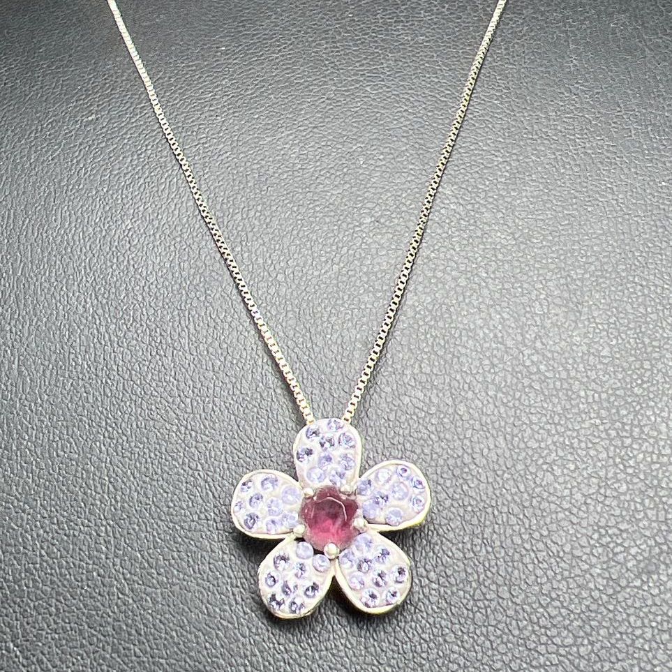 925 Sterling Silver Purple Rhinestone Flower Pendant Necklace