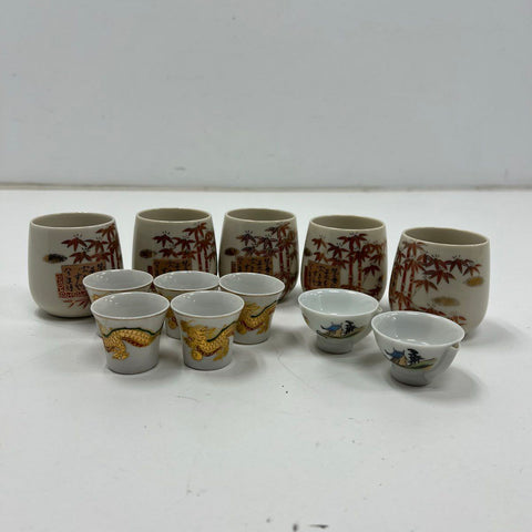 Vintage Lot Japanese Sake Cups Porcelain Dragon Bamboo Made in Japan 12 Pcs